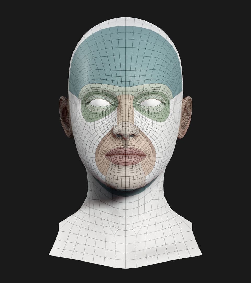 A front face topology map from the CC Face Base Topology and UV Guide.